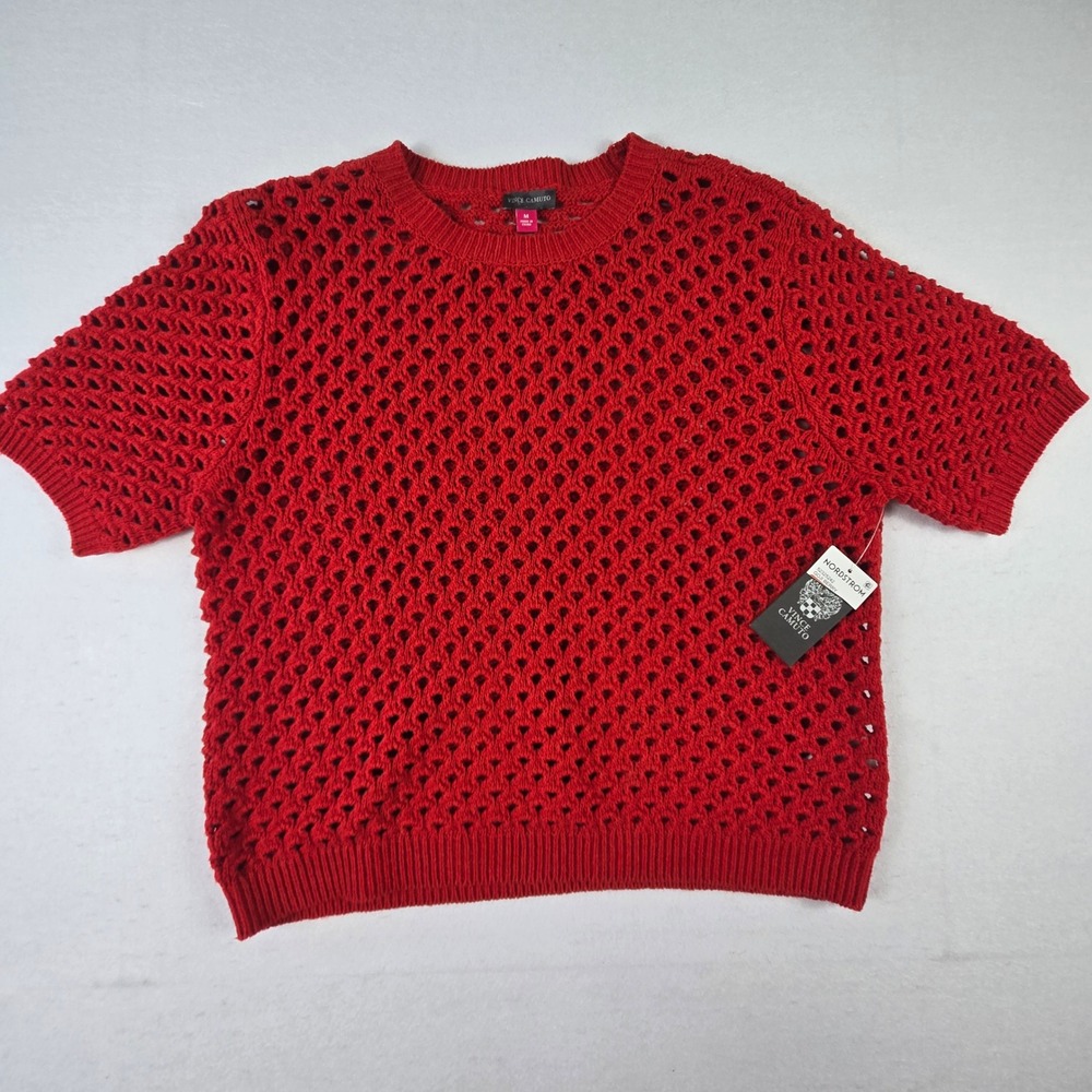 Vince Camuto Sweater Womens Medium Red NEW Goji Berry Pointelle Knit Short  (T8)